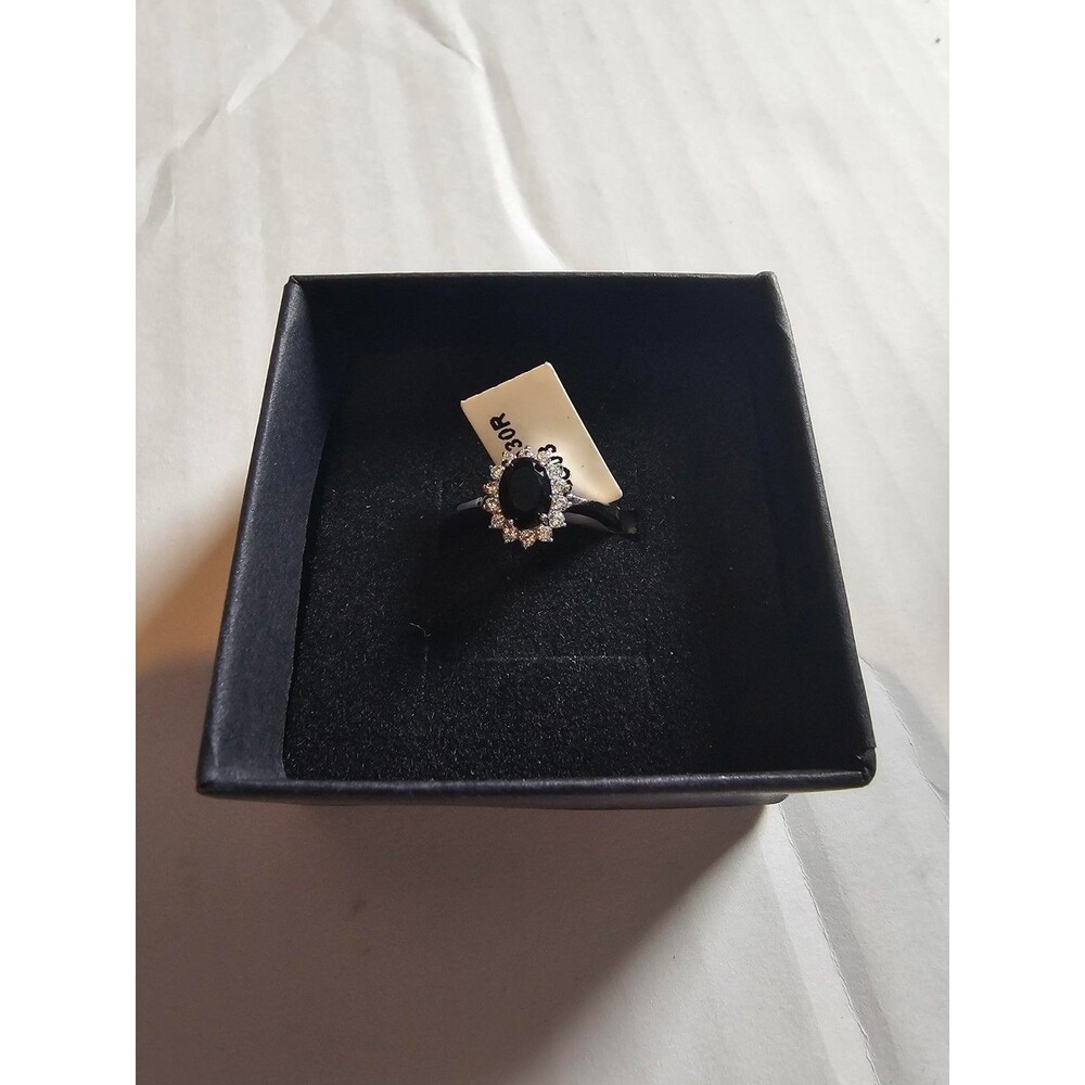 Black Onyx Simulated White Sapphire Halo Ring Size 5 Oval Silvertone Brass